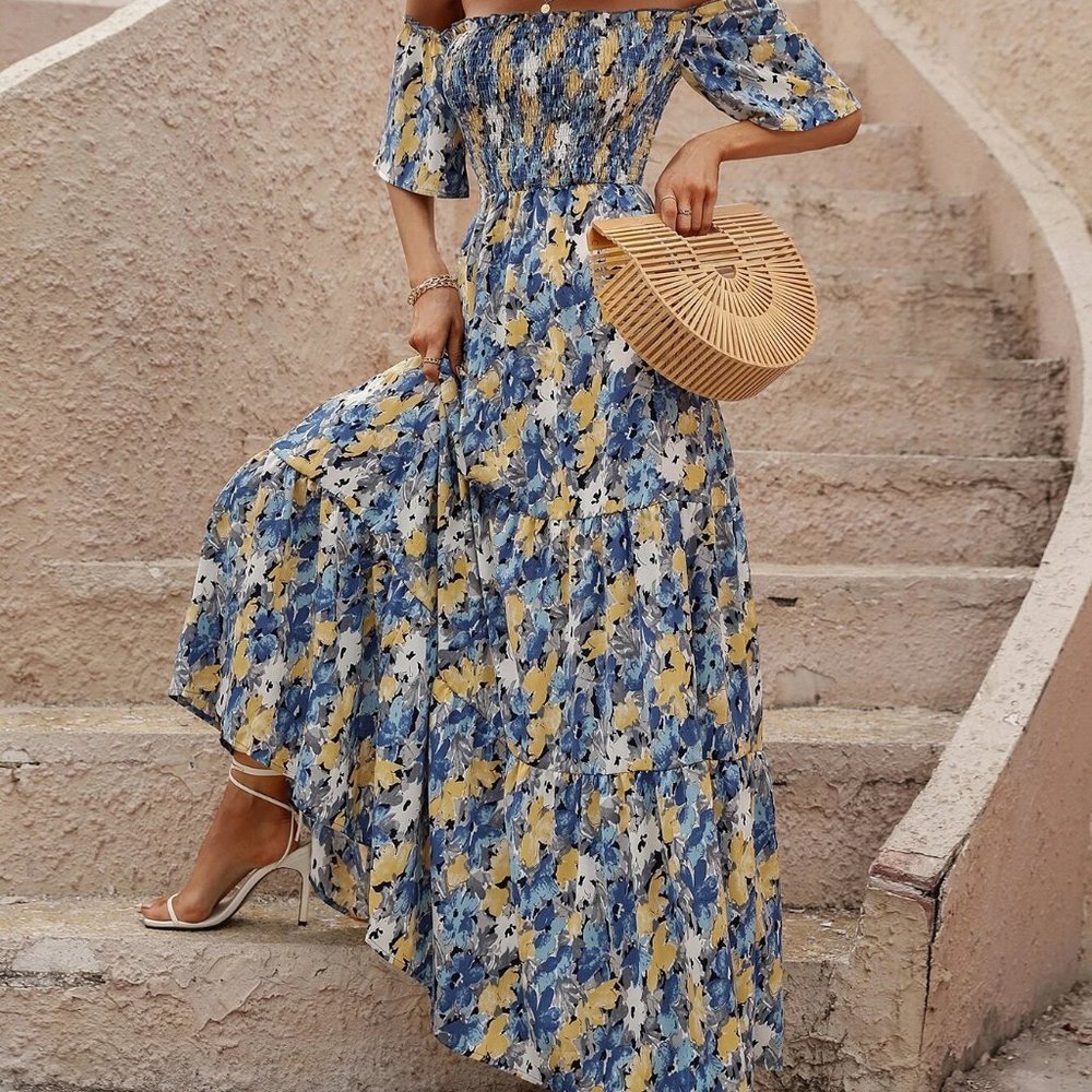 Blue Boho Womens Allover Floral Print Shirred Off Shoulder Ruffle Hem Dress - Picture 4 of 5
